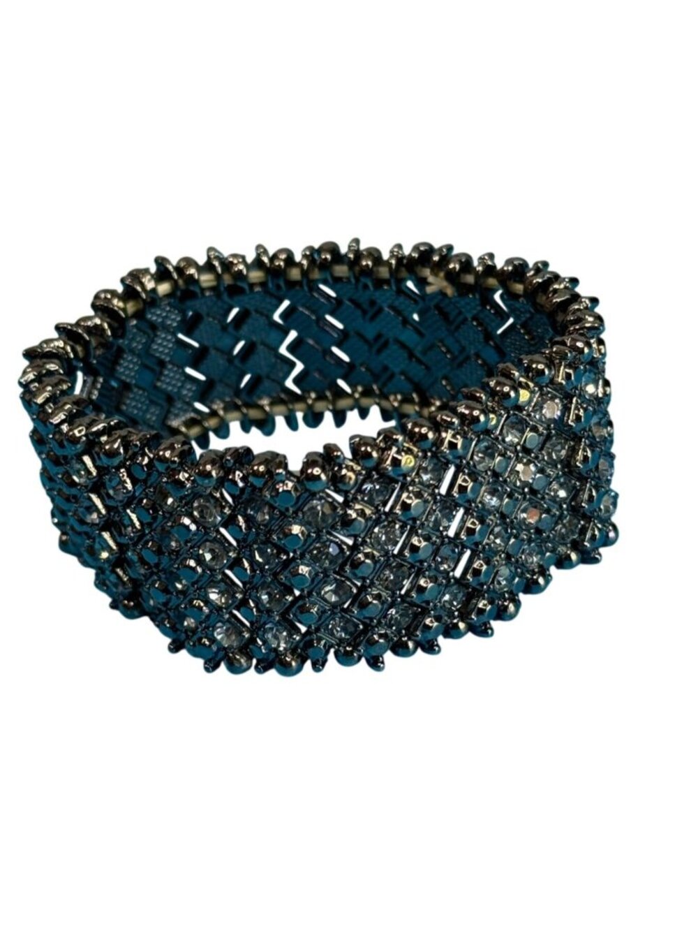 Wide Gunmetal Crystal Stretch Cuff Bracelet Black Chrome Rhinestone Mesh 7" - Picture 5 of 7